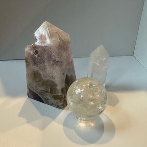 Druzy Amethyst tower, clear quartz sphere and tower set